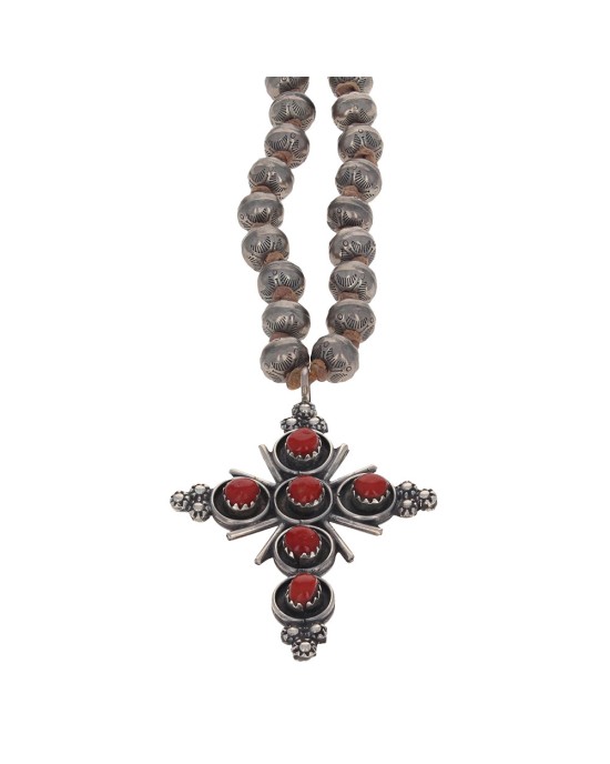 Zuni Sterling Silver Bead Turquoise & Coral Reversible Cross Necklace